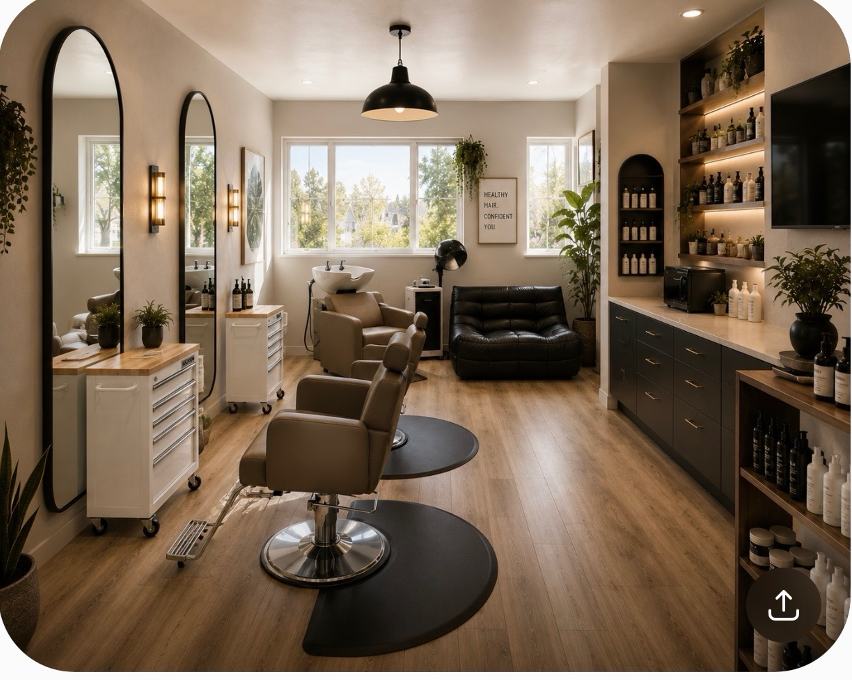 Interior of the future Andrea Kennedy Beauty studio — warm wood floors, arched mirrors, and a curated retail wall